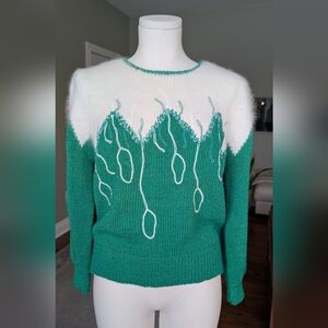 Vintage Women’s Sweater Two Tone Green White Puff Sleeve Angora Blend 80s Size M
